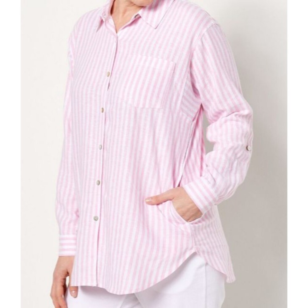 Susan Graver Linen Blend Oversized Fit Pink Striped Side Pocket Button Up Top XS